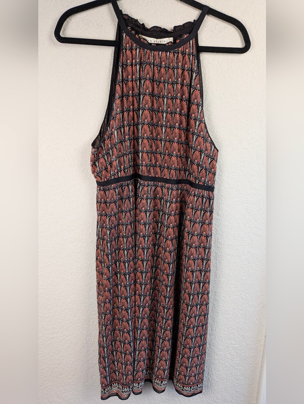 Max Studio Mesh Halter Dress XL Black Peach Elastic Waist and Neck Excellent